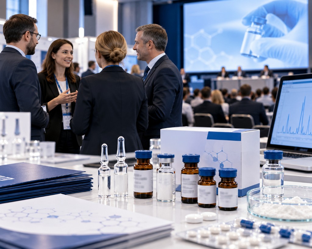 Pharmaceutical conference participants at a stand with reference materials and medicines