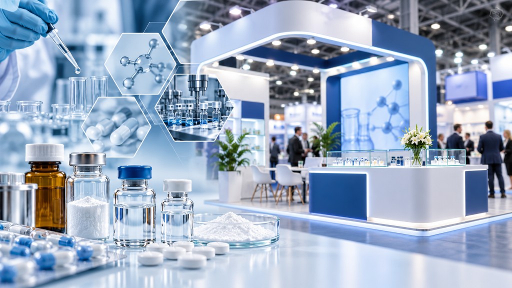 Collage of laboratory vials and an exhibition booth at Pharmtech & Ingredients
